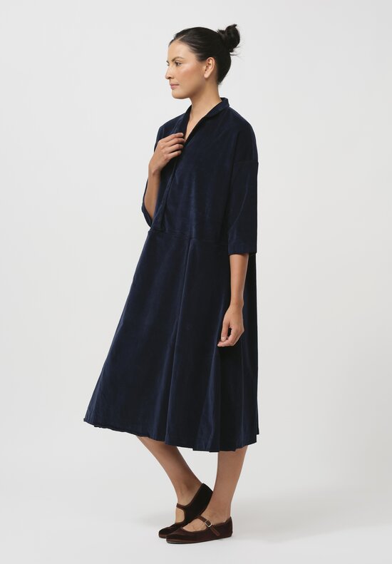 Album di Famiglia Cotton Velvet Collared V Dress in Ink Blue	