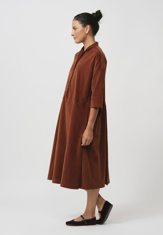 Album di Famiglia Cotton Velvet Collared V Dress in Rust Brown	