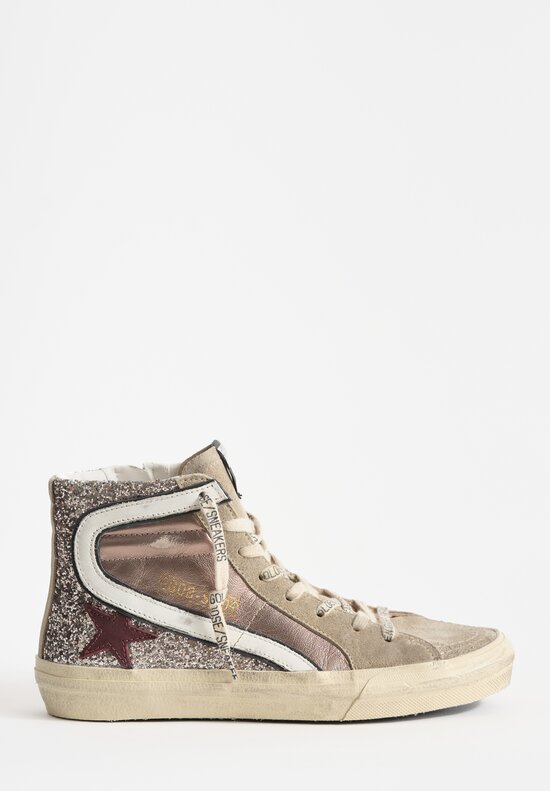 Golden Goose Glitter & Suede Slide Wave Sneaker in Silver, Taupe & Red Wine Star	