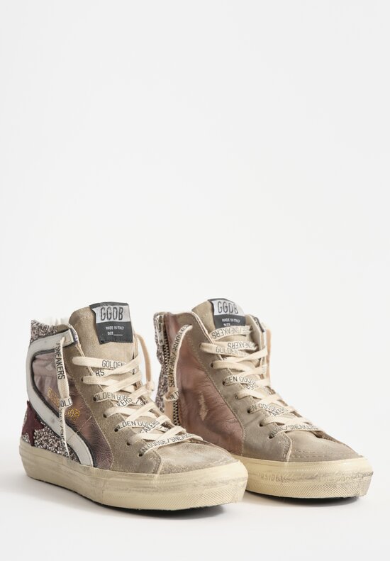 Golden Goose Glitter & Suede Slide Wave Sneaker in Silver, Taupe & Red Wine Star	