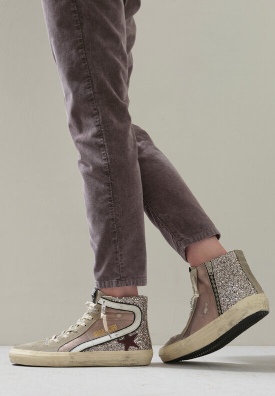 Golden Goose Glitter & Suede Slide Wave Sneaker in Silver, Taupe & Red Wine Star	