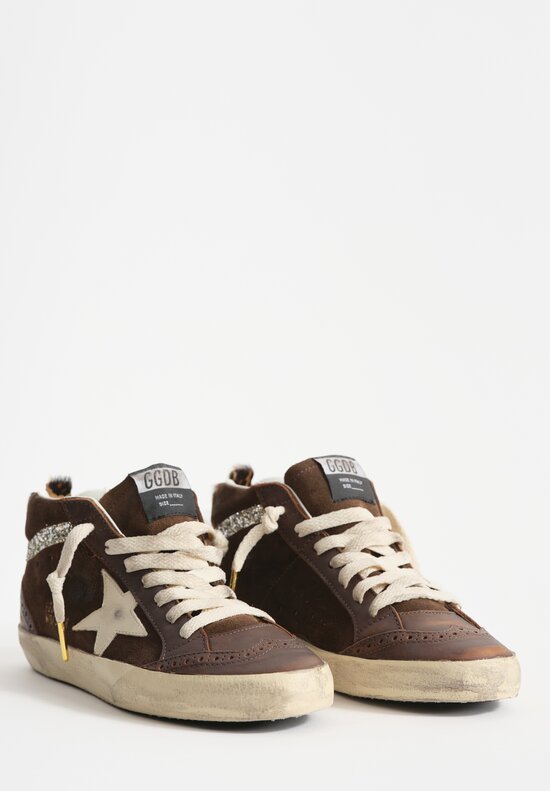 Golden Goose Suede Mid Star Classic Sneaker in Brown, Horsey Heel & Glitter Wave	