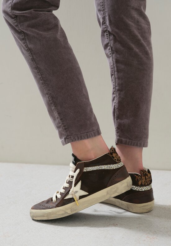 Golden Goose Suede Mid Star Classic Sneaker in Brown, Horsey Heel & Glitter Wave	