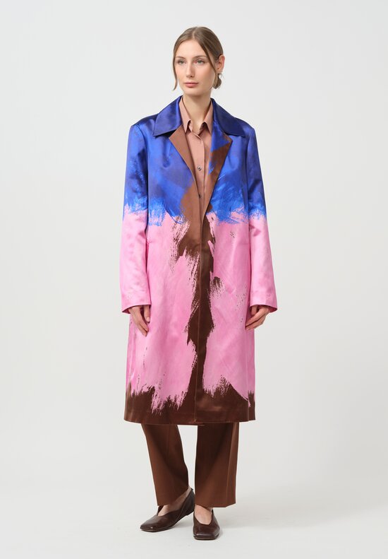 Dries Van Noten Cotton & Silk Brush Strokes Roltas Coat in Blue & Pink	