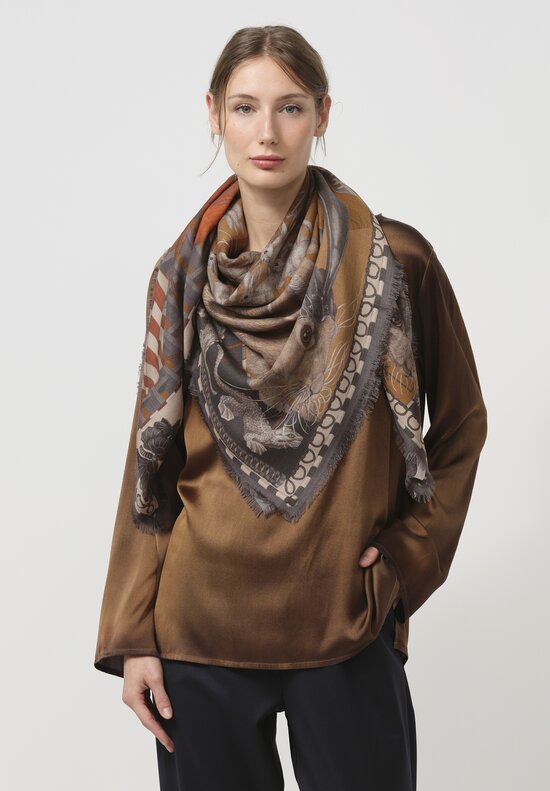 Sabina Savage Wool & Silk The Floating Rabbits Square Scarf in Cinnamon Sienna	