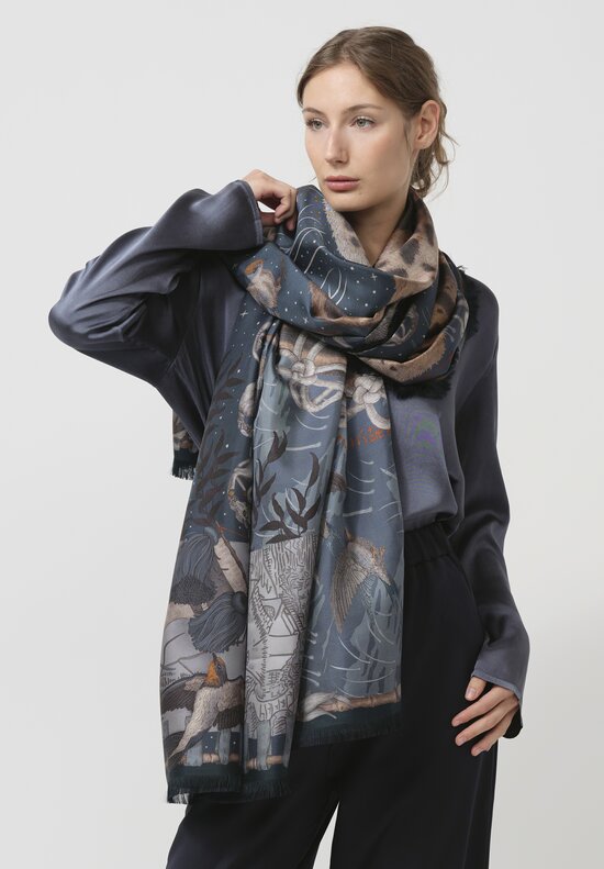 Sabina Savage Silk Twill The Lunar Leopard Scarf in Winter Flint	