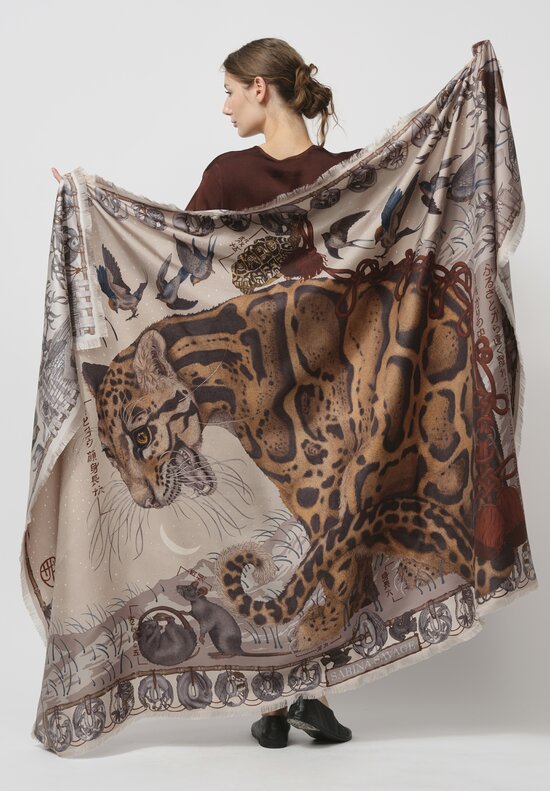 Sabina Savage Silk Twill The Lunar Leopard Scarf in Champagne Soot	