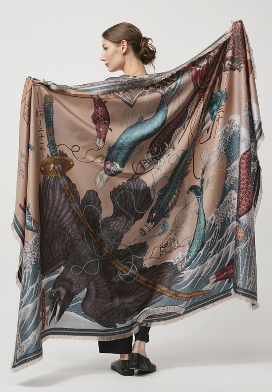 Sabina Savage Silk Twill Koinobori Karasu Scarf in Slipper Sea	