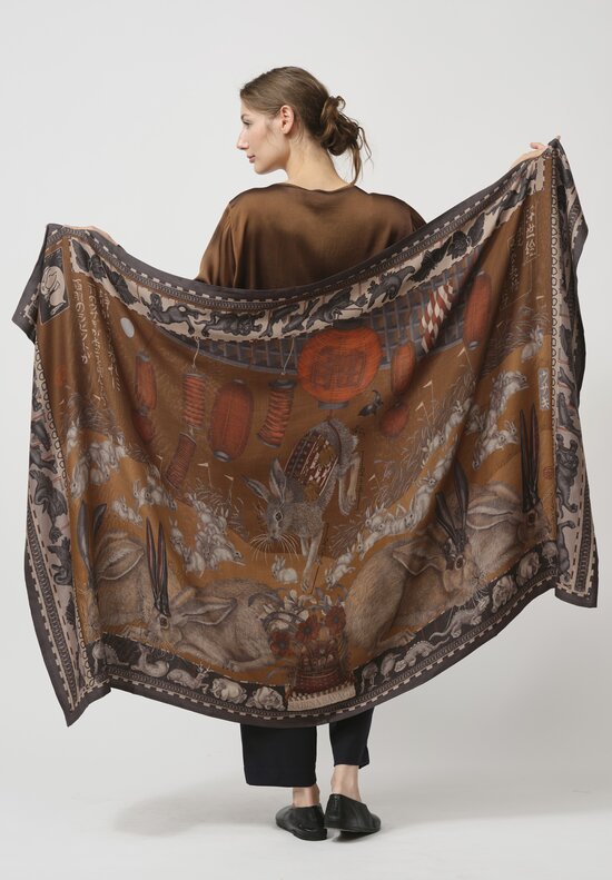 Sabina Savage Silk & Cashmere The Floating Rabbits Stole in Cinnamon Sienna	