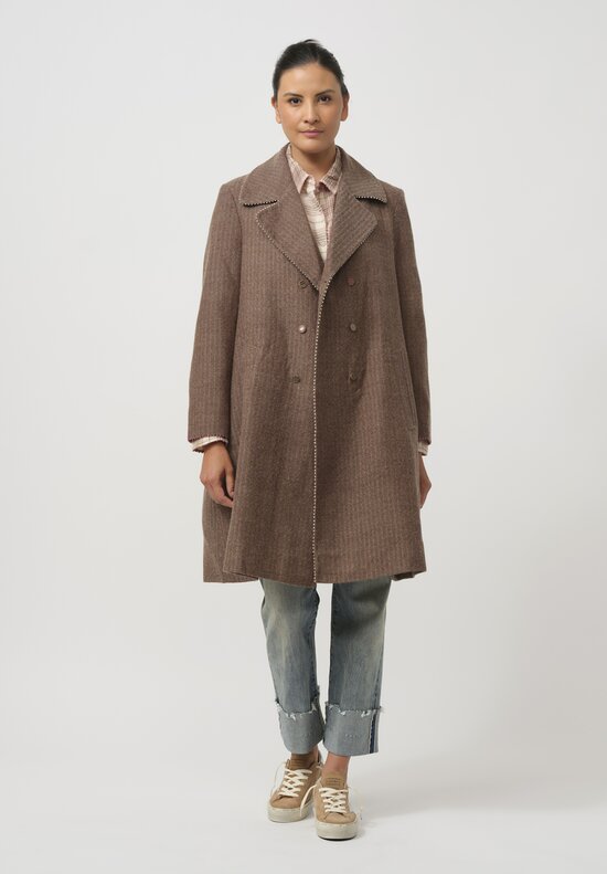 Pero Woven Wool Double Breasted Coat in Herringbone Natural & Pink	