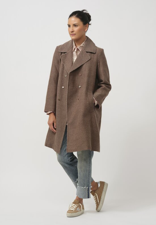 Pero Woven Wool Double Breasted Coat in Herringbone Natural & Pink	