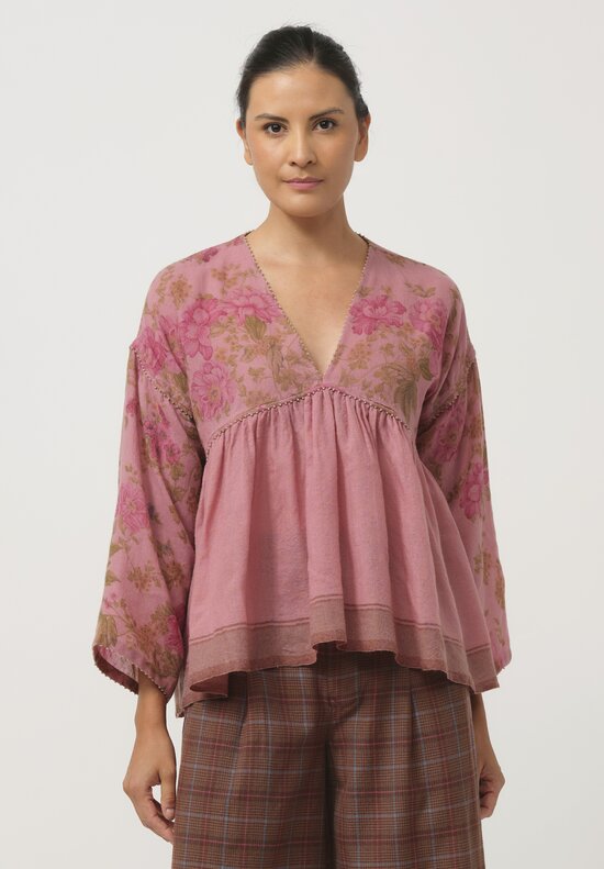 Pero Woven Wool V-Neck Gathered Shirt in Floral Pink	