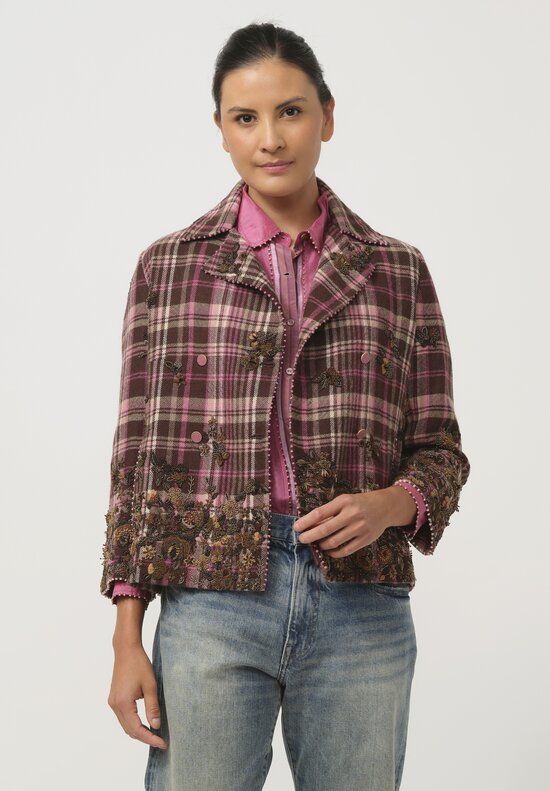 Pero Wool Embroidered Fall Flower Jacket with Couching in Pink Plaid