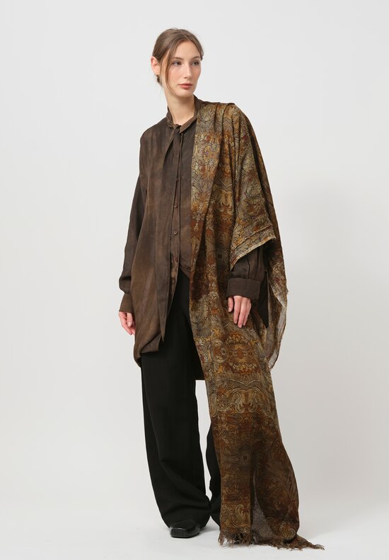 Uma Wang Fringed Cotton Printed Scarf in Mustard Brown & Black	