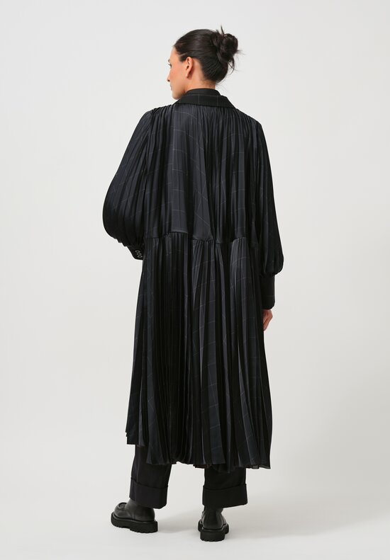 Sacai Windowpane Pleated Coat in Striped Black	