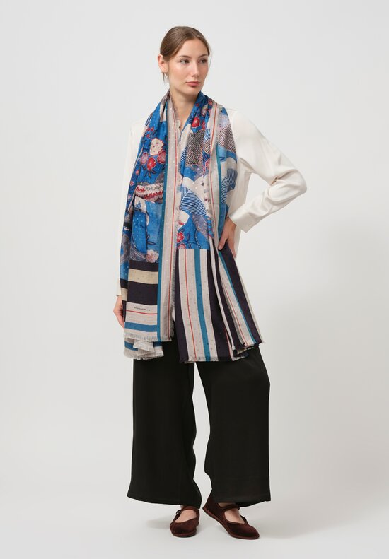 Pierre-Louis Mascia Silk Pallino Ultra Wash Scarf in Floral Red & Blue	