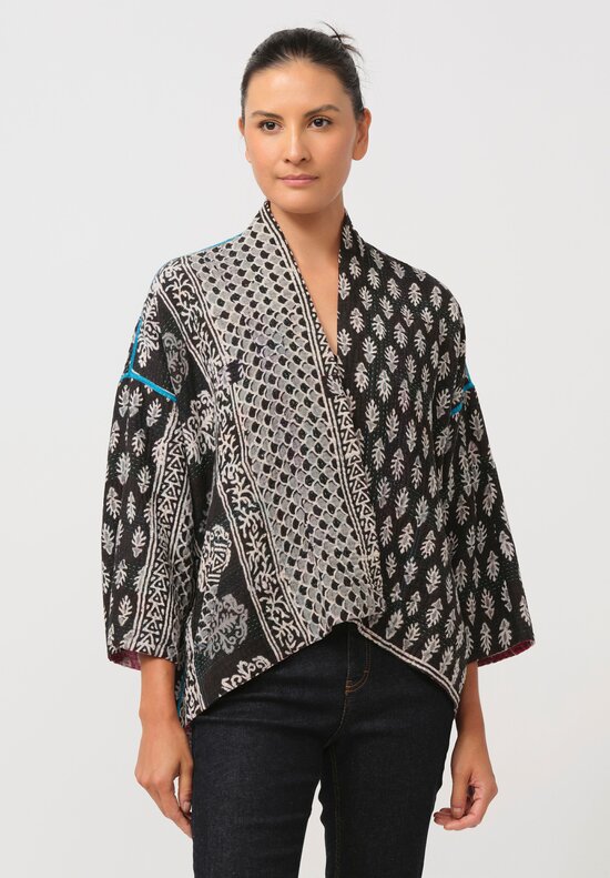 Mieko Mintz Vintage Cotton Mini Kimono Jacket in Black & Pink Daisy	