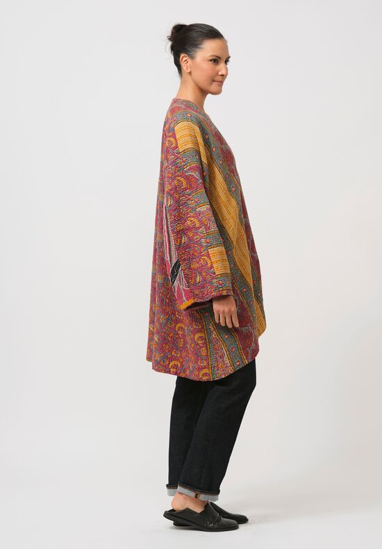 Mieko Mintz Vintage Cotton Kantha Coat in Red & Green Brocade	