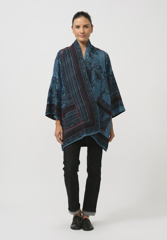 Mieko Mintz Cotton Paisley Patch A-Line Jacket in Black & Blue	