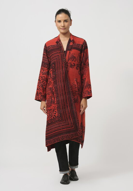 Mieko Mintz Cotton Paisley Patch Kaftan Coat in Red & Black	