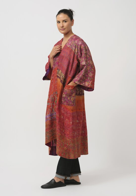 Mieko Mintz Vintage Silk Maxi Kimono Coat in Red Brocade	