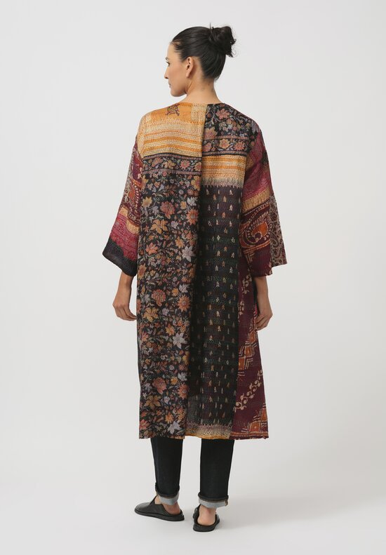 Mieko Mintz Vintage Silk Kantha Duster in Orange & Black Floral	