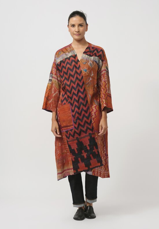 Mieko Mintz Vintage Silk Kantha Duster in Orange & Blue Sketch	