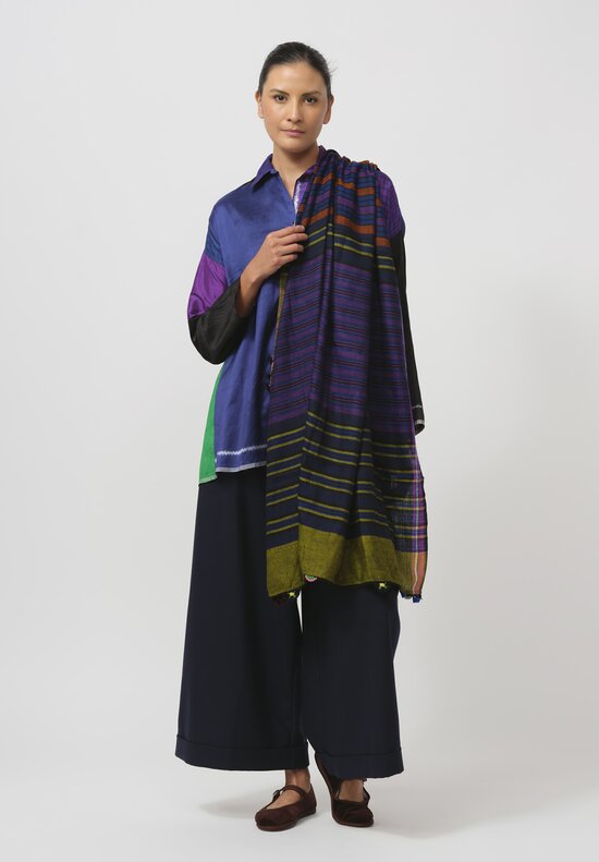 Injiri Tasseled Cashmere Folklore Scarf in Black & Purple	