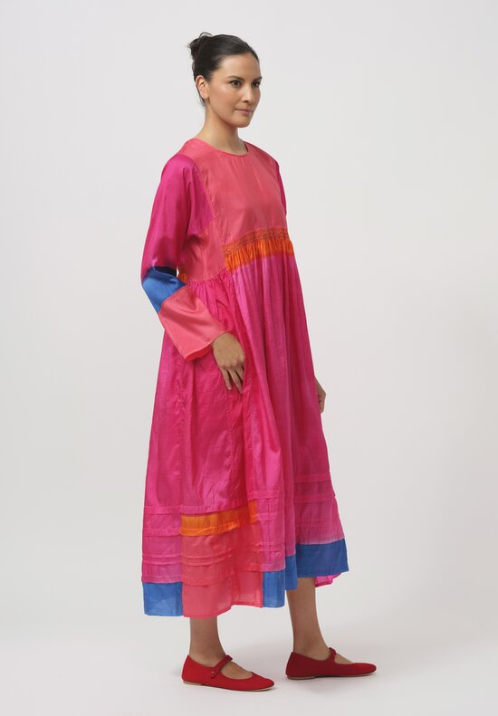 Injiri Embroidered Silk Layered Folklore Dress in Pink & Blue	