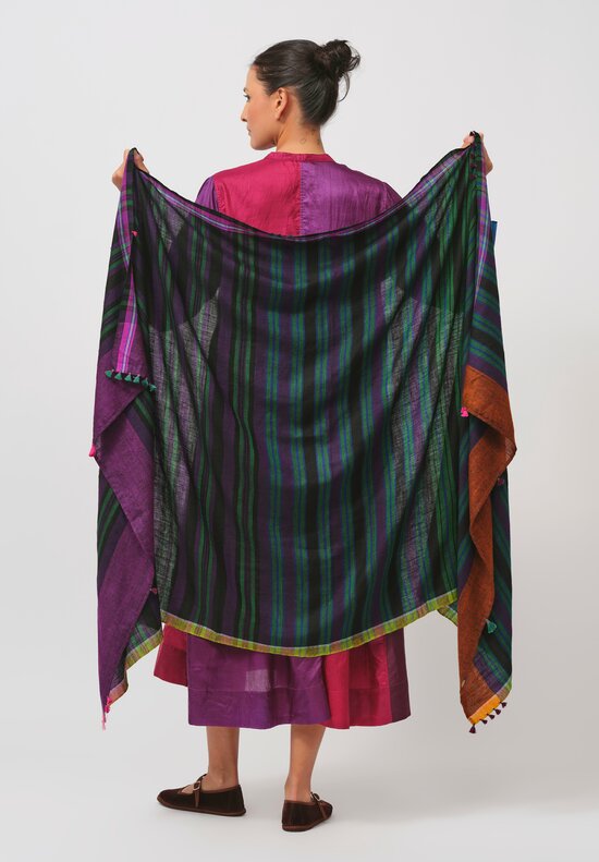 Injiri Tasseled Cashmere Folklore Scarf in Purple & Green	