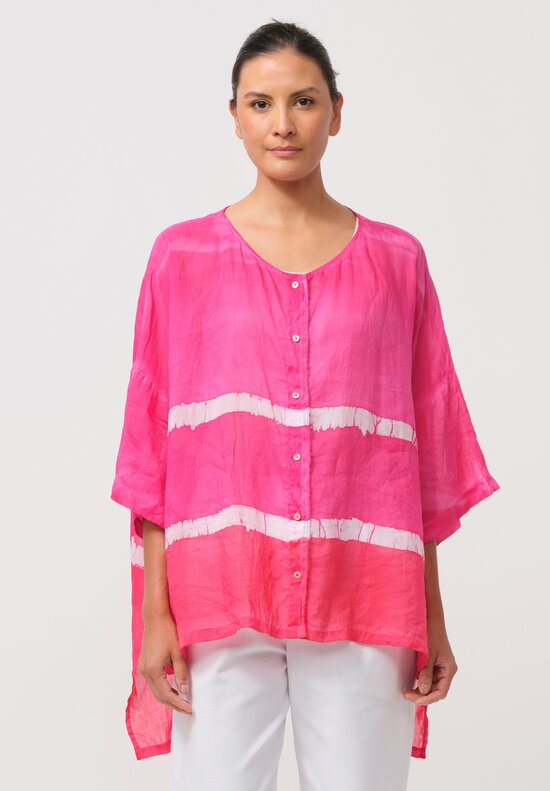 Gilda Midani Pattern-Dyed Linen Super Shirt in Stripes, Fiesta Pink & White	