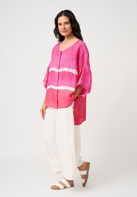 Gilda Midani Linen Pattern-Dyed Super Shirt in Fiesta Pink & White Stripe