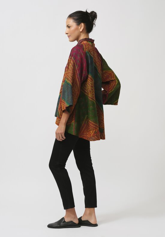 Mieko Mintz Vintage Silk Georgette Kantha Kimono Jacket in Orange & Emerald Green	