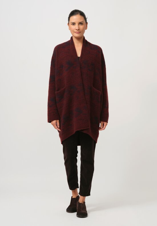 Lainey Keogh Hand-Knit Cashmere Cocoon Rose Coat in Russet Red & Navy Blue	