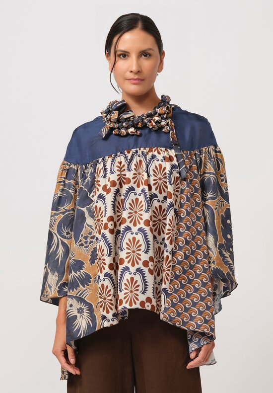 Biyan Silk Jandra Blouse with Embellished Neckline in Navy, Cream & Rust	