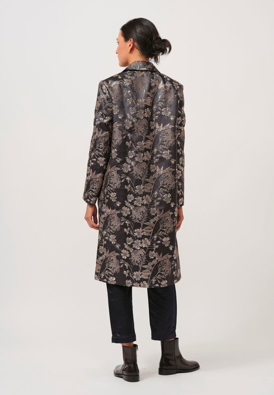 Biyan Hebe Floral Jacquard Coat in Stone Grey & Pink	