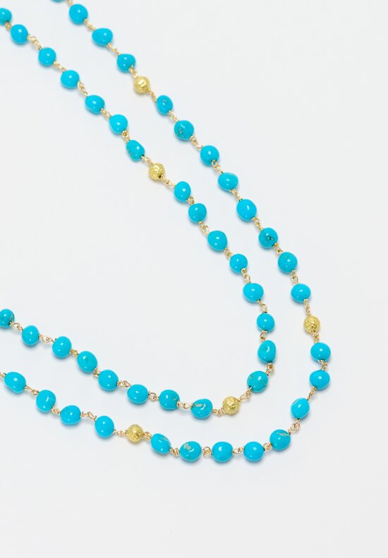 Greig Porter 18K Hammered Gold Beads & Castle Dome Turquoise Long Necklace 