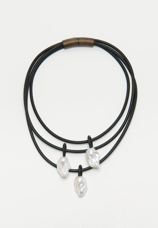 Monies 3 Baroque Pearl Drop Necklace Leather, Bog Oak	