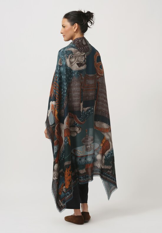 Sabina Savage Wool and Silk The Snow Lion Scarf in Turquoise Blue & Saffron	