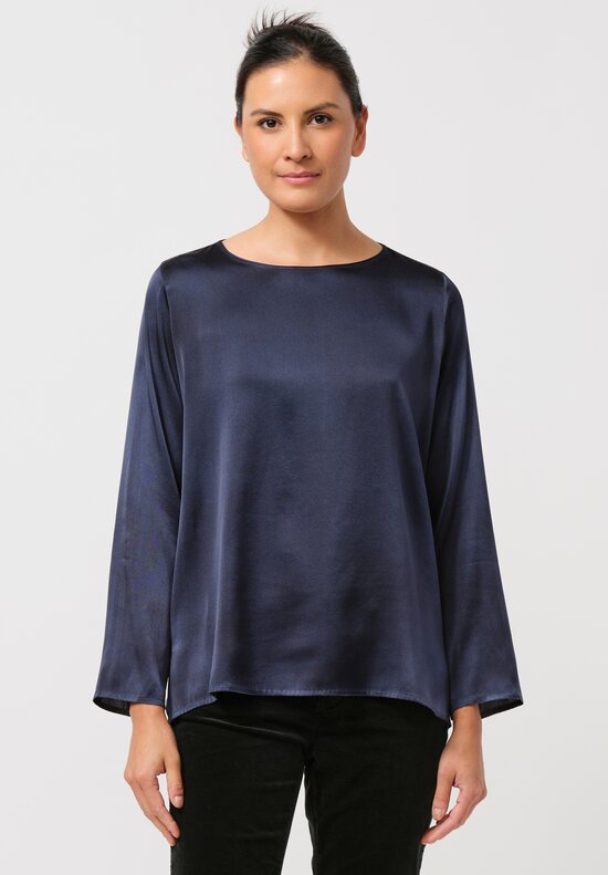 Avant Toi Hand Painted Silk Lunga Barchetta Top in Nero Navy Blue	