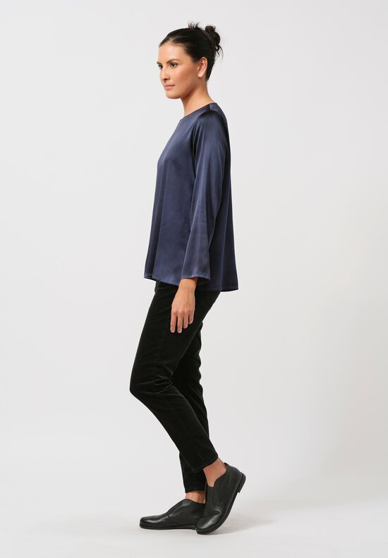 Avant Toi Hand Painted Silk Lunga Barchetta Top in Nero Navy Blue	