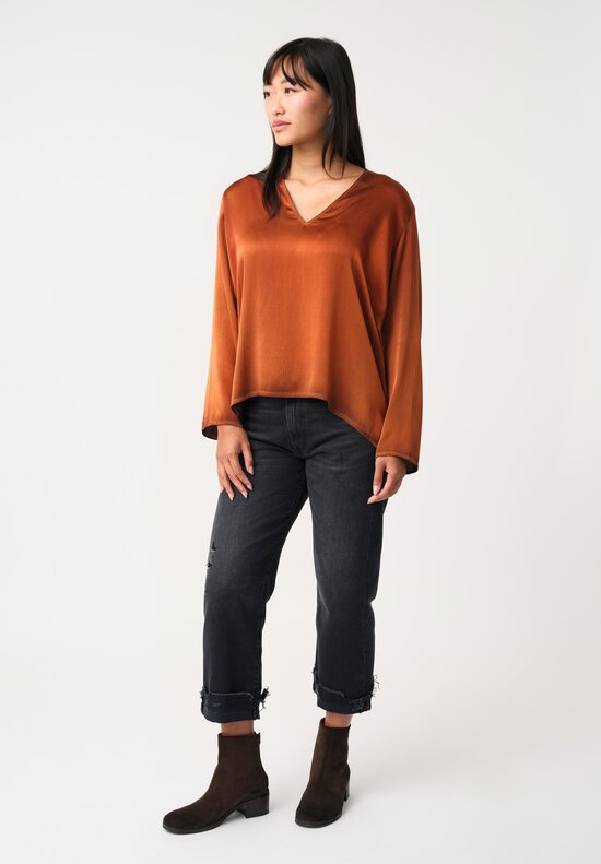 Avant Toi Silk Hand-Painted V-Neck Barchetta Top in Nero & Ambra Orange