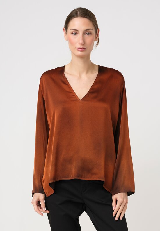 Avant Toi Silk Hand-Painted V-Neck Barchetta Top in Nero & Ambra Orange