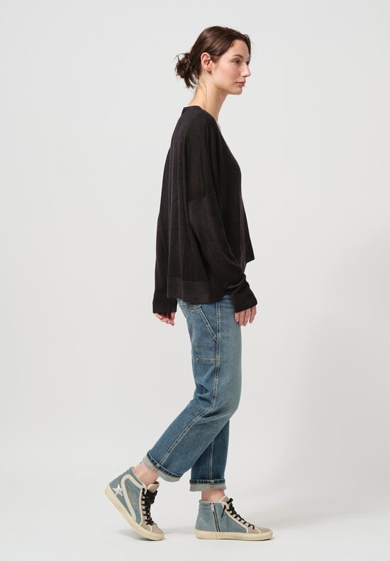 Avant Toi Cashmere & Silk V-Neck Stondata Top in Nero Black