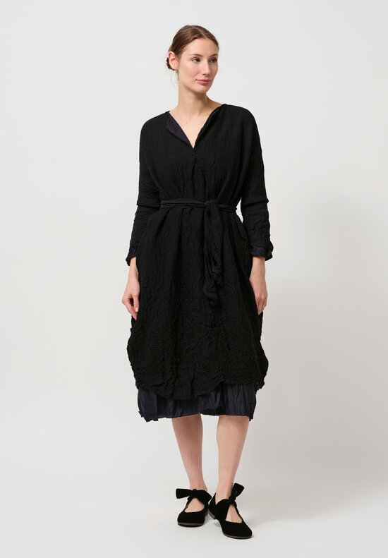 Daniela Gregis Washed Wool & Cotton Abito Venti Dress in Nero Navy Blue & Black	