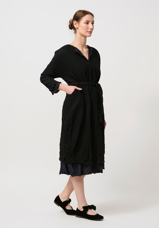 Daniela Gregis Washed Wool & Cotton Abito Venti Dress in Nero Navy Blue & Black	