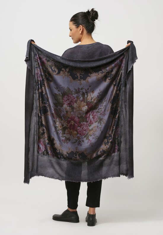 Avant Toi One-of-a-Kind Cashmere & Silk Quadrello Scarf in Titanium Blue Floral