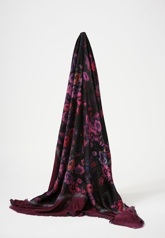 Avant Toi Cashmere & Silk Quadrello Dark Flowers Scarf in Nero Sichuan Purple	