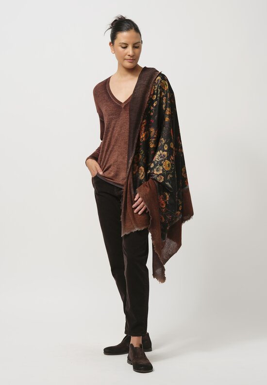 Avant Toi Cashmere & Silk Quadrello Dark Flowers Scarf in Nero Ambra Brown	