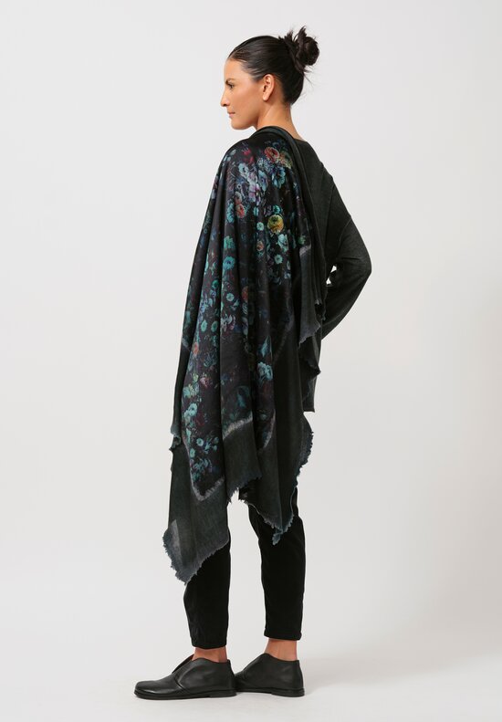 Avant Toi Cashmere & Silk Quadrello Dark Flowers Scarf in Nero Verderame Green	